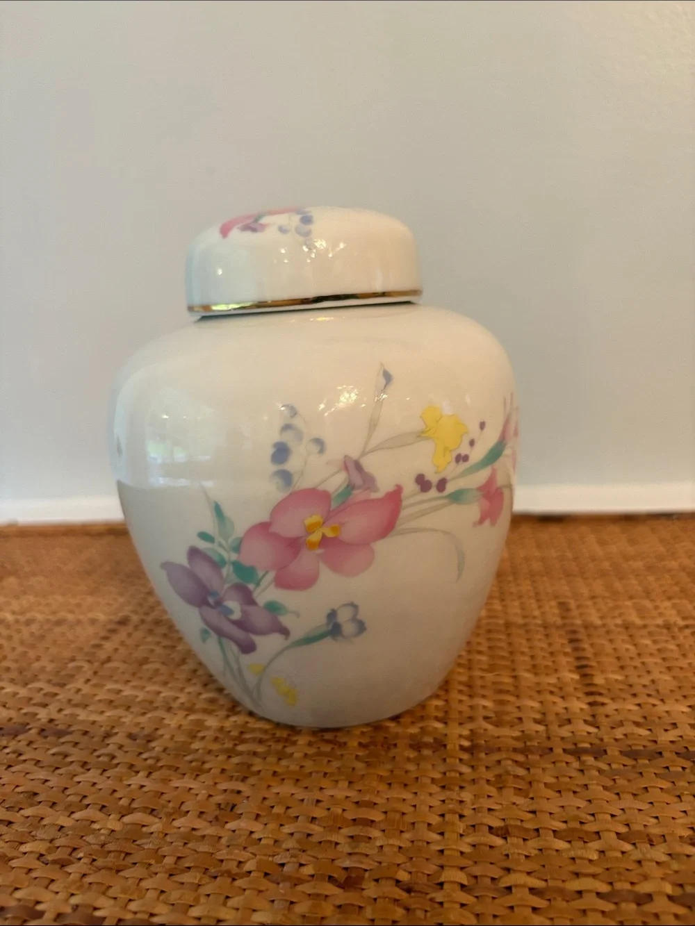Srednick Collection Porcelain Ginger Jar, Made in Japan, Floral Motif, Gold Trim